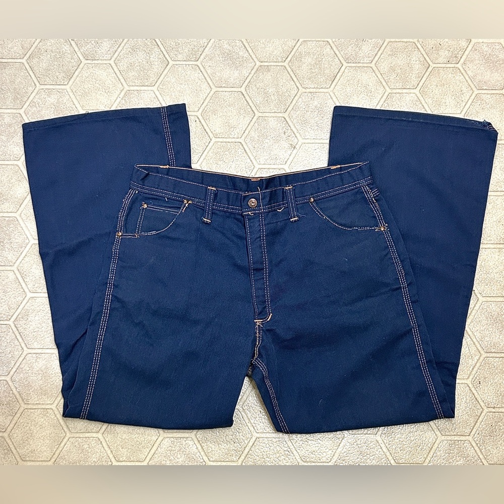 Men’s 33 x 28 1970s Vintage RED SNAP Flared Denim Blue Jeans